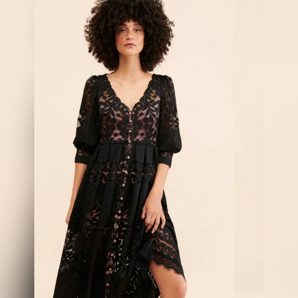 FREE PEOPLE Shadow‎ Dance Midi Floral Lace Pleated Dress SZ XS NWOT - Picture 1 of 14